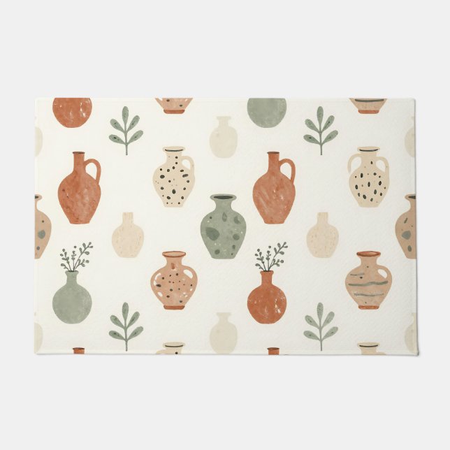 Boho Terracotta Vases Botanical Pattern Doormat (Front)