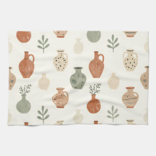 Boho Terracotta Vases Botanical Pattern Tea Towel