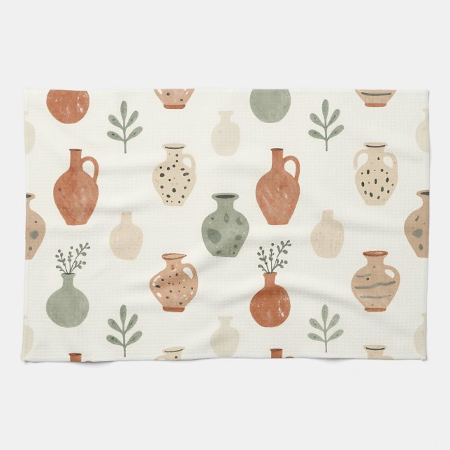 Boho Terracotta Vases Botanical Pattern Tea Towel (Horizontal)