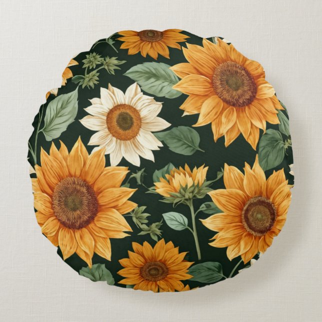 Boho Terracotta Vintage Sunflower Pattern Round Cushion (Front)