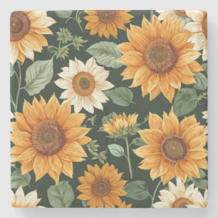 Boho Terracotta Vintage Sunflower Pattern Stone Coaster