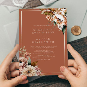 Boho Terracotta Watercolor Flowers Autumn Wedding Invitation