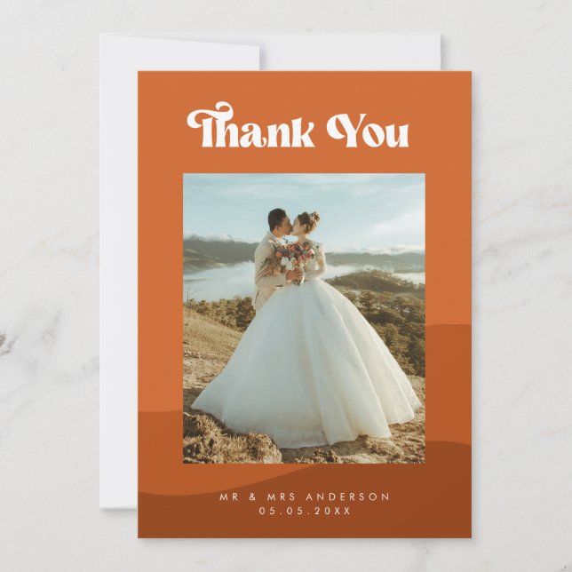 Boho Terracotta Waves & Retro Typography Wedding Thank You Card (Front)