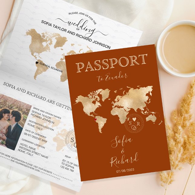 Boho Terracotta Wedding Passport World Map Invitation (Creator Uploaded)