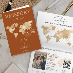 Boho Terracotta Wedding Passport World Map QR Code Invitation