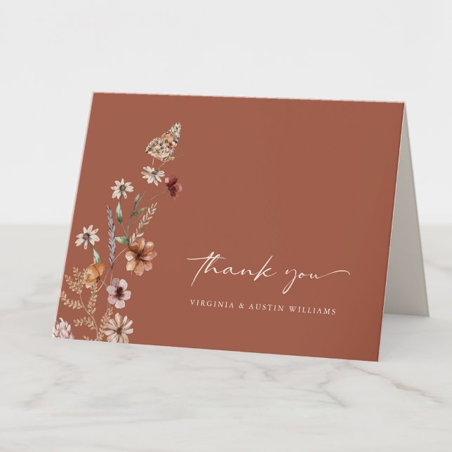Boho Terracotta Wedding Thank You Card (Boho Terracotta Wildflower  Wedding Thank You Card with Butterfly by Painted Paperie
)
