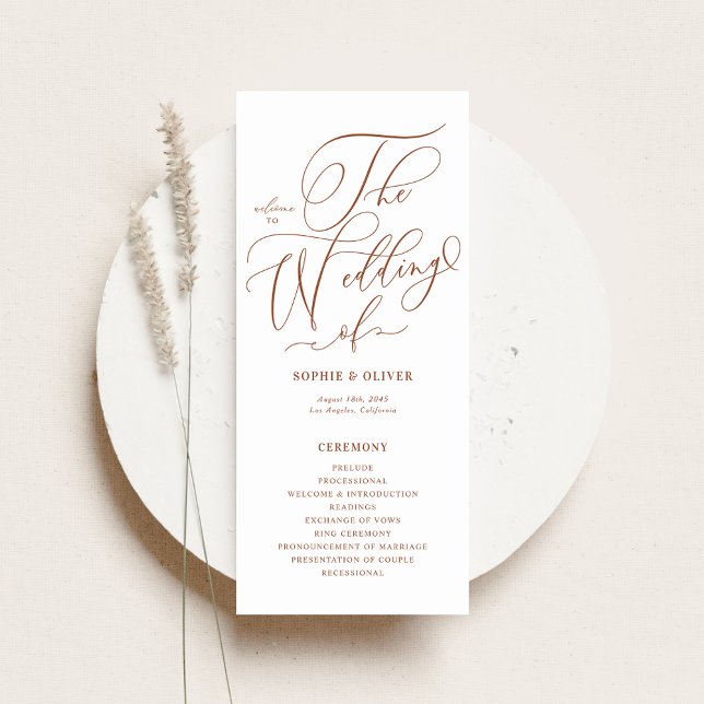 Boho Terracotta Whimsical Calligraphy Wedding Program (Customizable wedding programs card featuring terracotta whimsical calligraphy. )
