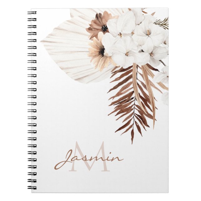 Boho Terracotta White Dried Flowers Monogram Notebook (Front)
