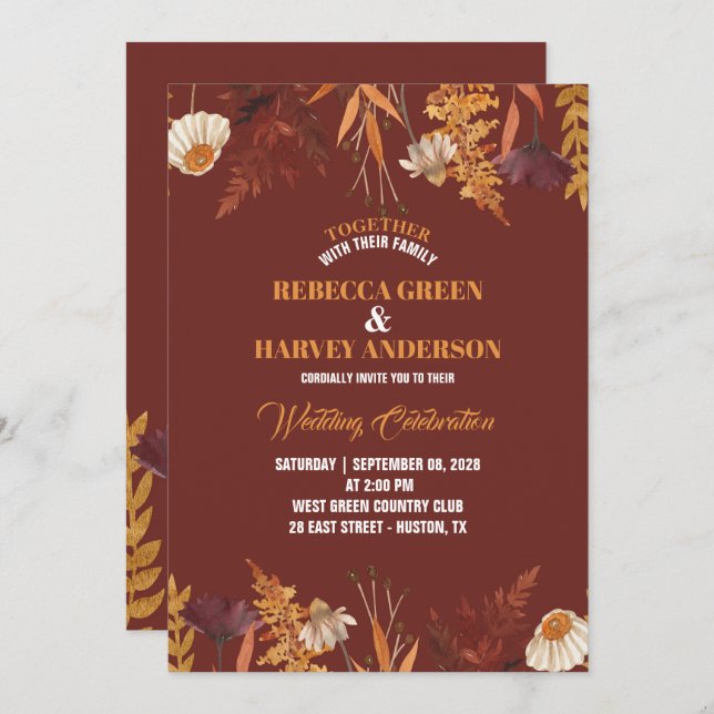 Boho Terracotta Wildflower Autumn Fall Wedding Invitation (Front/Back)
