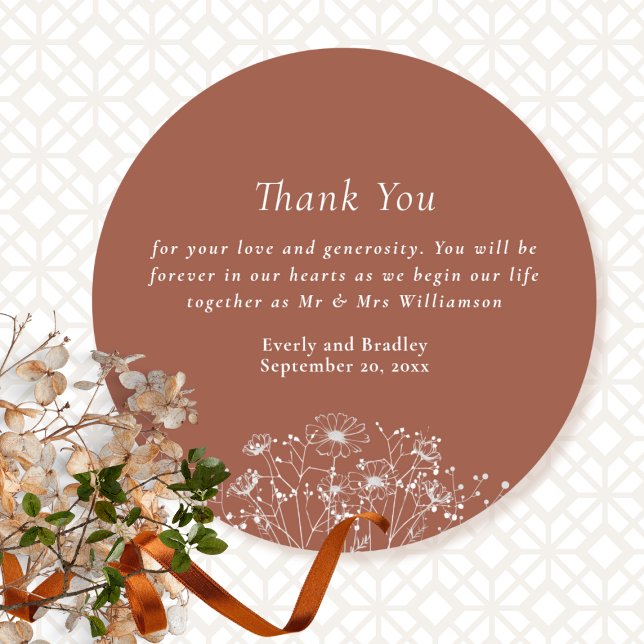 Boho Terracotta Wildflower Wedding Thank You   Classic Round Sticker (Creator Uploaded)