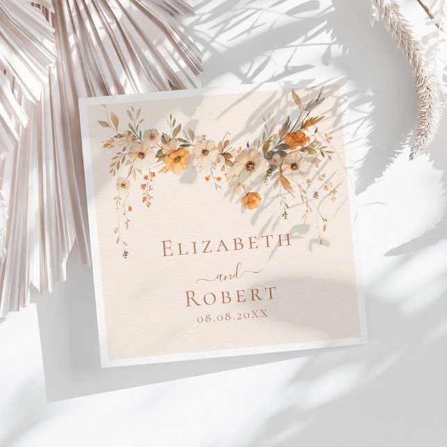 Boho Terracotta Wildflowers Fall Wedding Napkin (Boho Terracotta Wildflowers Fall Wedding Napkins on a sunny table with boho white dry flowers.)