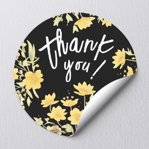 Boho Thank You Autumn Yellow Black Floral Classic Round Sticker