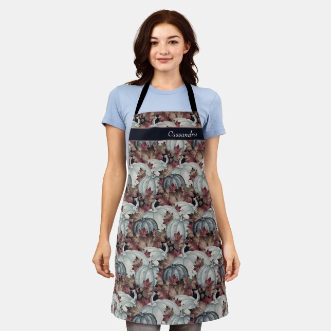 Boho Thanksgiving Fall Blue Watercolor Pumpkin Apron (Worn)