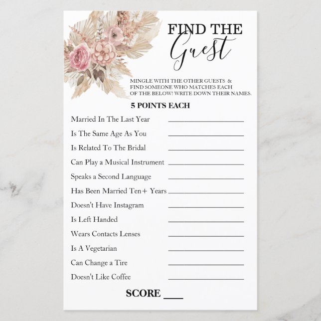 Boho Theme Find The Guest Game (Front)