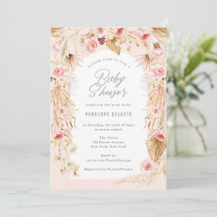 Boho themed baby girl shower with pink floral arch invitation