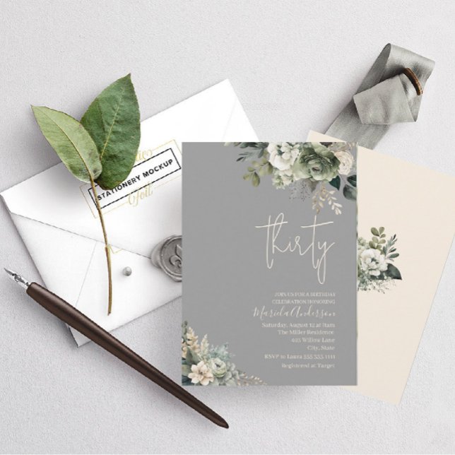 Boho thirty sage green flowers watercolor birthday invitation (Creator Uploaded)