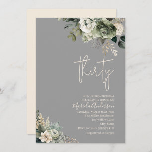 Boho thirty sage green flowers watercolor birthday invitation