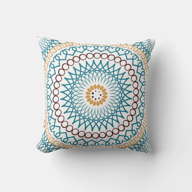 Boho Throw Pillow Brown Teal Gold (Front)
