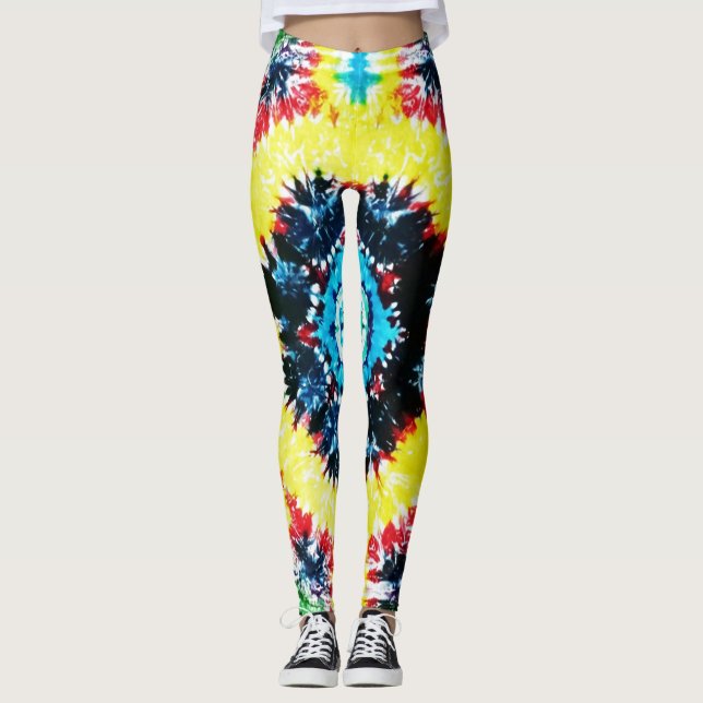 Boho Tie-dyed Pattern Vibrant Rainbow Colours Leggings (Front)