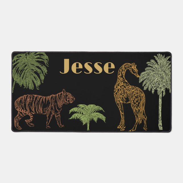 Boho Tiger Giraffe Safari Black Desk Mat (Front)