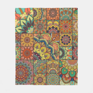 Boho tile set and seamless pattern. Colorful patch Fleece Blanket