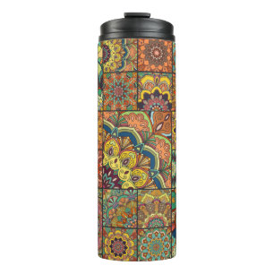 Boho tile set and seamless pattern. Colorful patch Thermal Tumbler