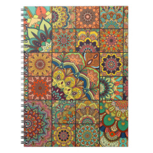 Boho tile set and seamless pattern. Colourful patc Notebook