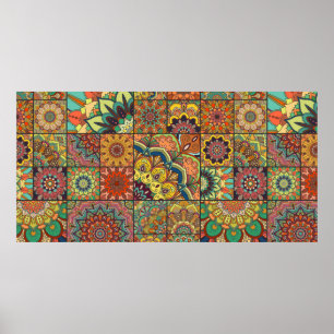 Boho tile set and seamless pattern. Colourful patc Poster