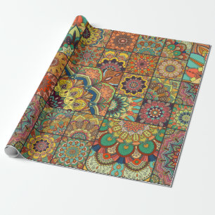 Boho tile set and seamless pattern. Colourful patc Wrapping Paper