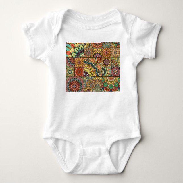 Boho tiles: colourful patchwork seamless pattern baby bodysuit (Front)
