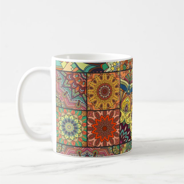 Boho tiles: colourful patchwork seamless pattern coffee mug (Left)