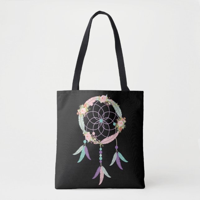 Boho Tote Bag in Black with Dream Catcher Image (Front)