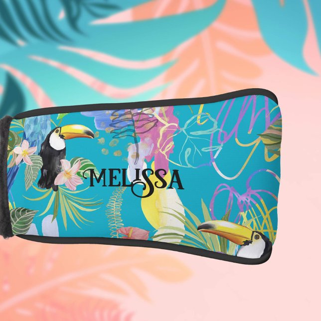 Boho Toucan Tropical Floral Golf Head Cover (Cute toucans and a whimsical, colorful tropical background. Personalized with a fun font.)