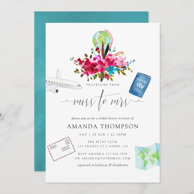 Boho Travelling From Miss To Mrs Bridal Shower Invitation (Front/Back)