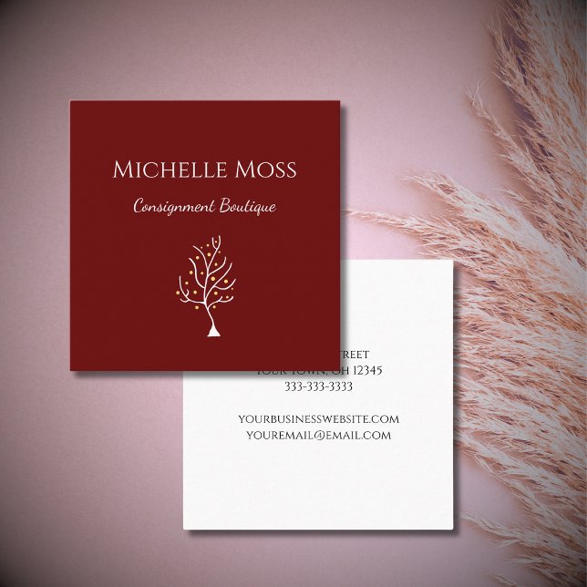 Boho Tree of Life Drawing Simple Red Square Business Card (Creator Uploaded)