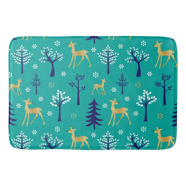 Boho Trees Gold Deers Modern Bath Mat (Front)