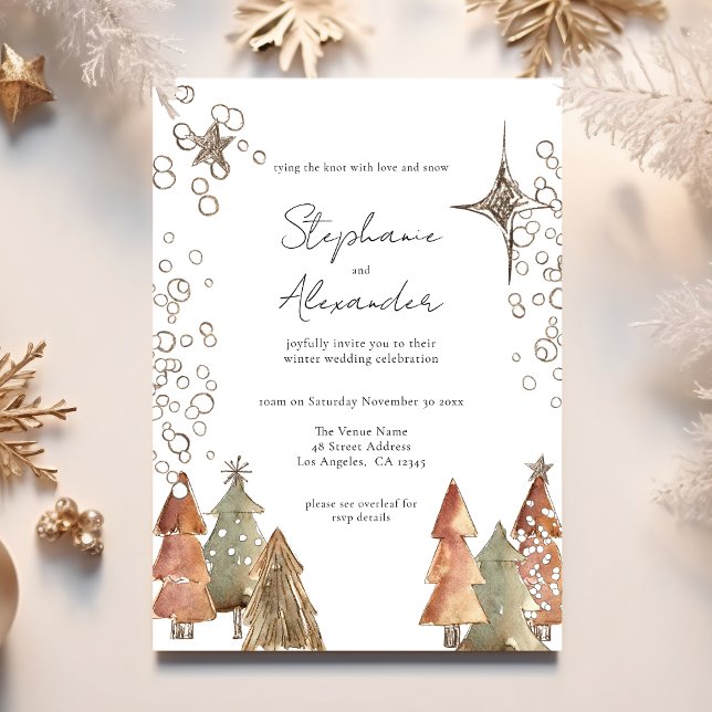 Boho Trees Stars QR Code Christmas Wedding  Invitation (Creator Uploaded)