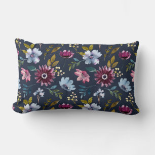 Boho trendy flower pattern navy blue elegant lumbar cushion