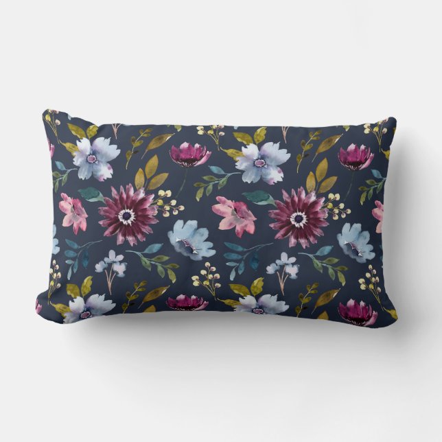 Boho trendy flower pattern navy blue elegant lumbar cushion (Front)