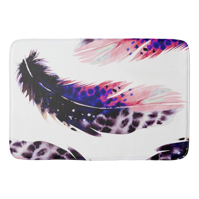 Boho Trendy Pink Watercolor Feathers Bath Mat (Front)