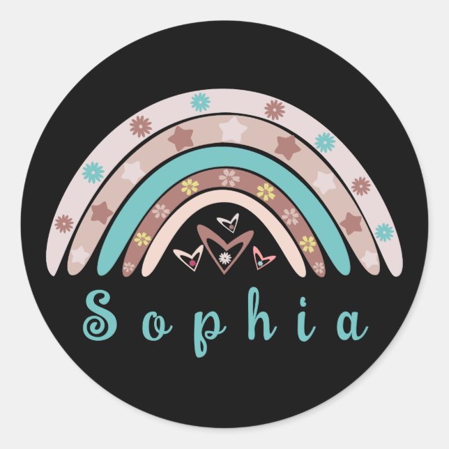 Boho Trendy Rainbow with Personalised Name Classic Round Sticker (Front)