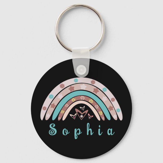 Boho Trendy Rainbow with Personalised Name  Key Ring (Front)