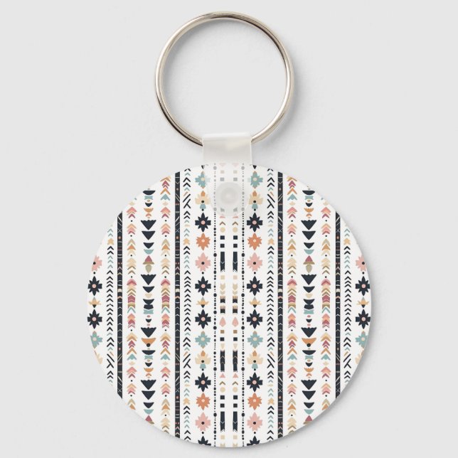 Boho Tribal Aztec Vertical Stripes Cream Rust Blue Key Ring (Front)