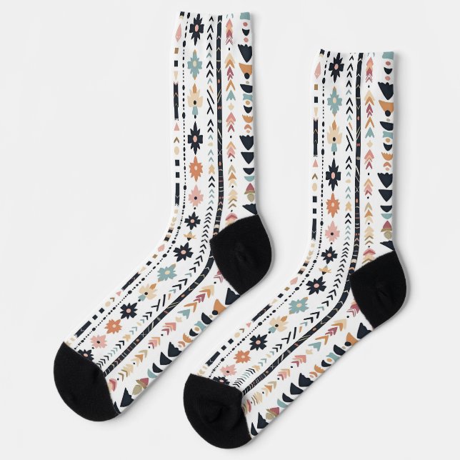 Boho Tribal Aztec Vertical Stripes Cream Rust Blue Socks (Left)