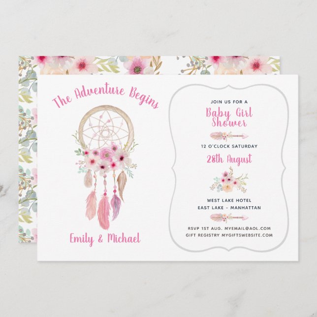Boho Tribal Baby Girl Shower Dream Catcher Invitation (Front/Back)