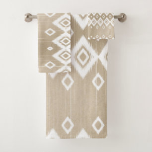 Boho Tribal Beige White Geometric  Bath Towel Set