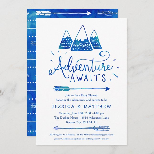 Boho Tribal Blue "Adventure Awaits" Baby Shower Invitation (Front/Back)
