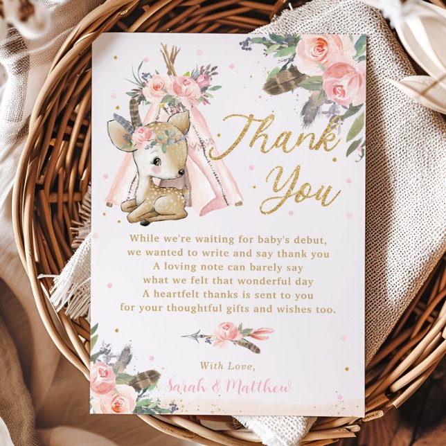 Boho Tribal Blush Floral Woodland Deer Baby Shower Thank You Card (Creator Uploaded)
