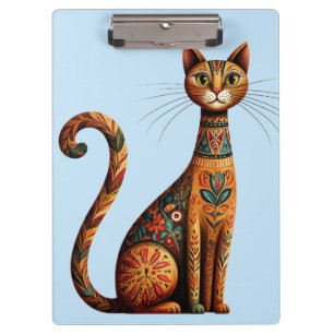 Boho Tribal Cat Cute Folk Art with Flowers Clipboard