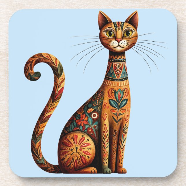 Boho Tribal Cat Cute Folk Art with Flowers Coaster (Front)
